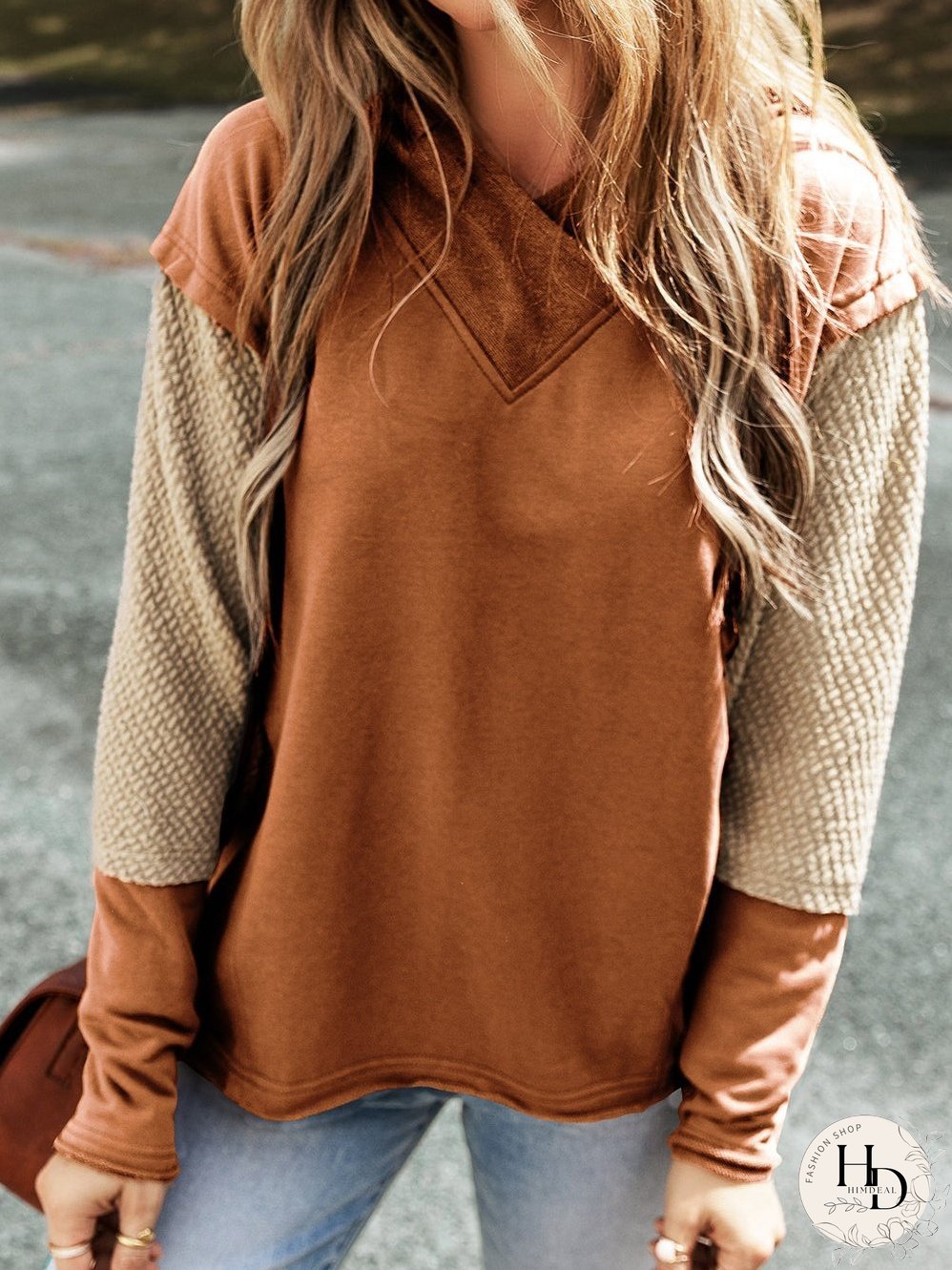 Chestnut Patchwork Colorblock Hoodie with Contrast Sleeves