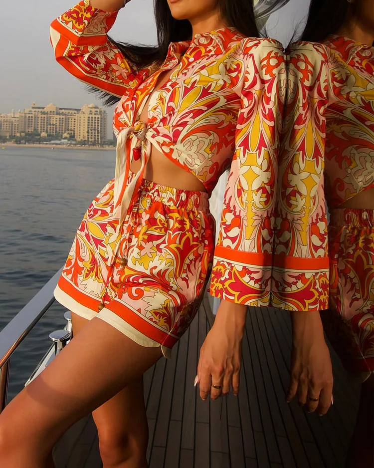 Long-sleeved printed casual two-piece suit