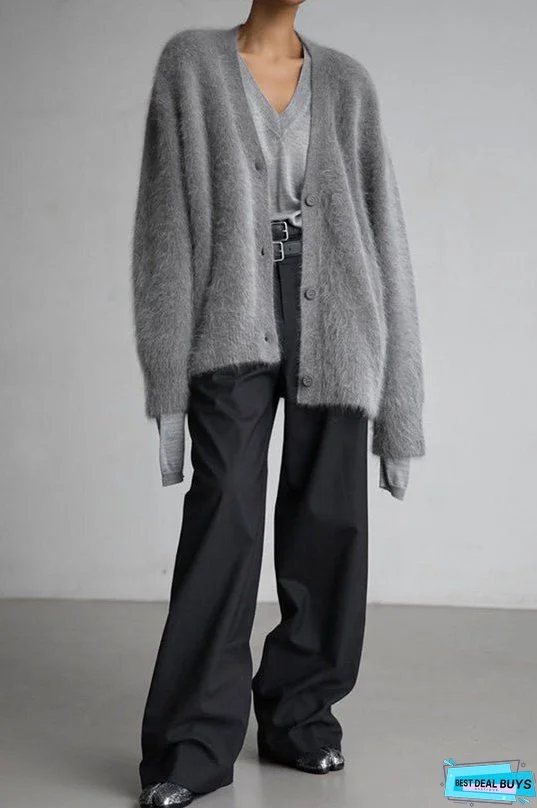 Solid Color Loose V-neck Long-sleeved Lazy Knitted Cardigan