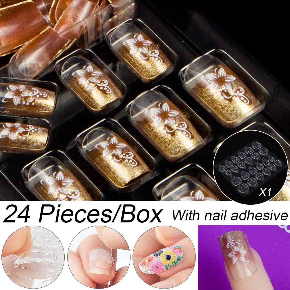 Fashion 24pc/set 10 Sizes Fake Nails Full Cover French False Nail Tips With Double-Sided Nail Adhesive Tab Press On Nails Art-Nail Inspo