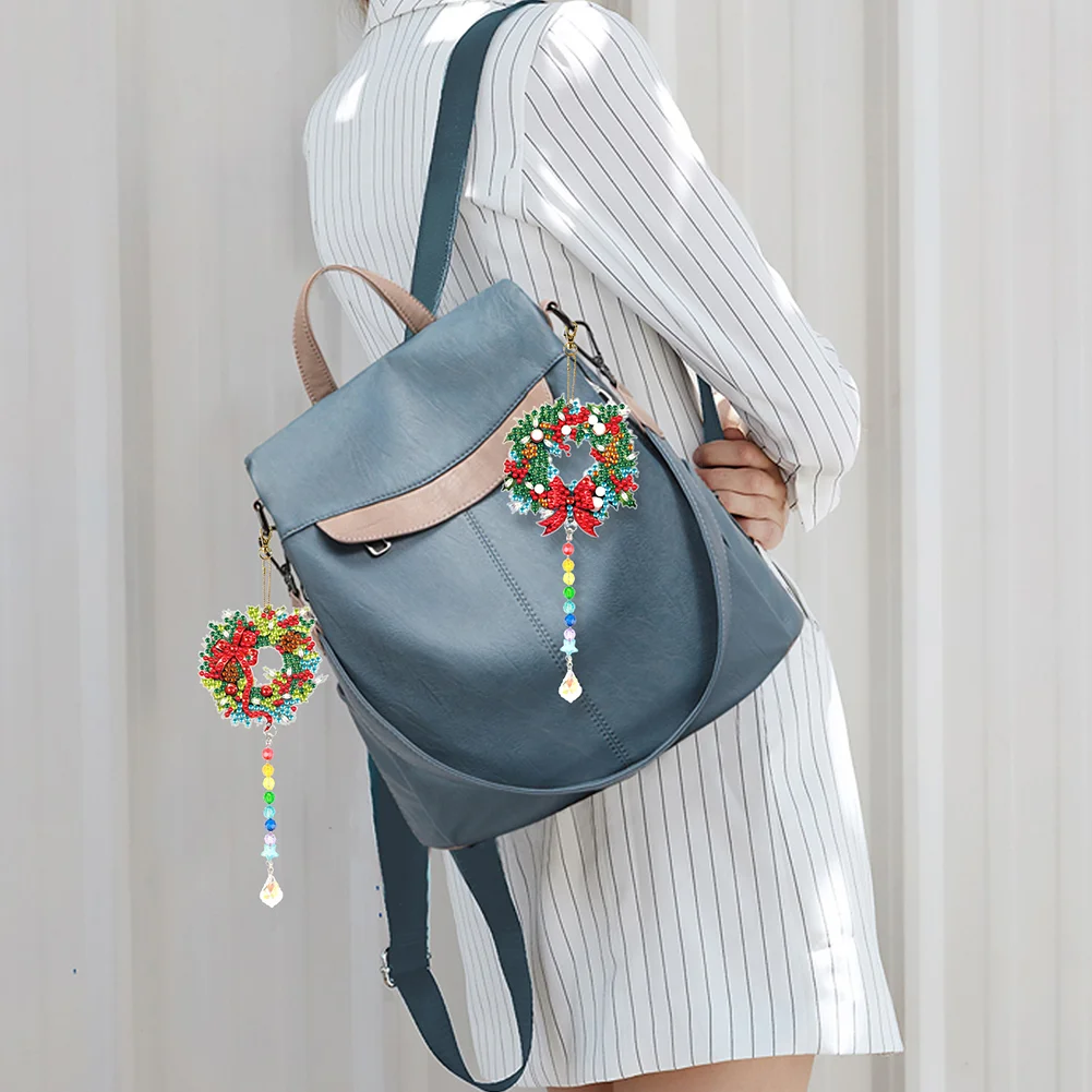 2pcs DIY Wreath Suncatcher Diamond Painting Art Pendant Christmas Home Windows Decor