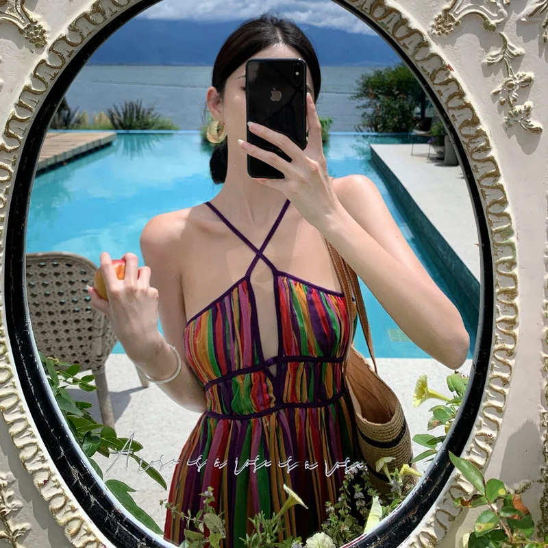 Zingj Zingj Color Stripe V-Neck Sling Dress Summer New Sexy Backless Seaside Holiday Dress