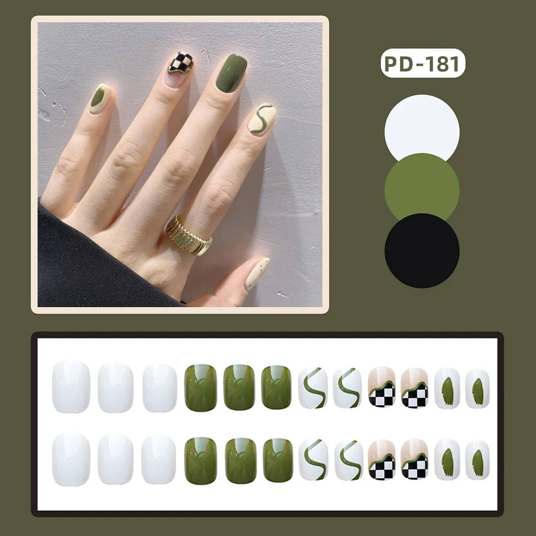 24Pcs/Set French Rhombus Designs False Nail Full Cover Fake Nails with Glue Detachable Wearable DIY Manicure Nail Art Tools-Nail Inspo