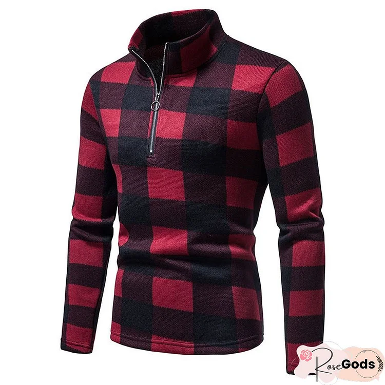 Men's Plaid Casual Zipper Sweater