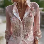 Classy Pink Roses Lace Embroidered Flowy Linen Blouse - Image 2