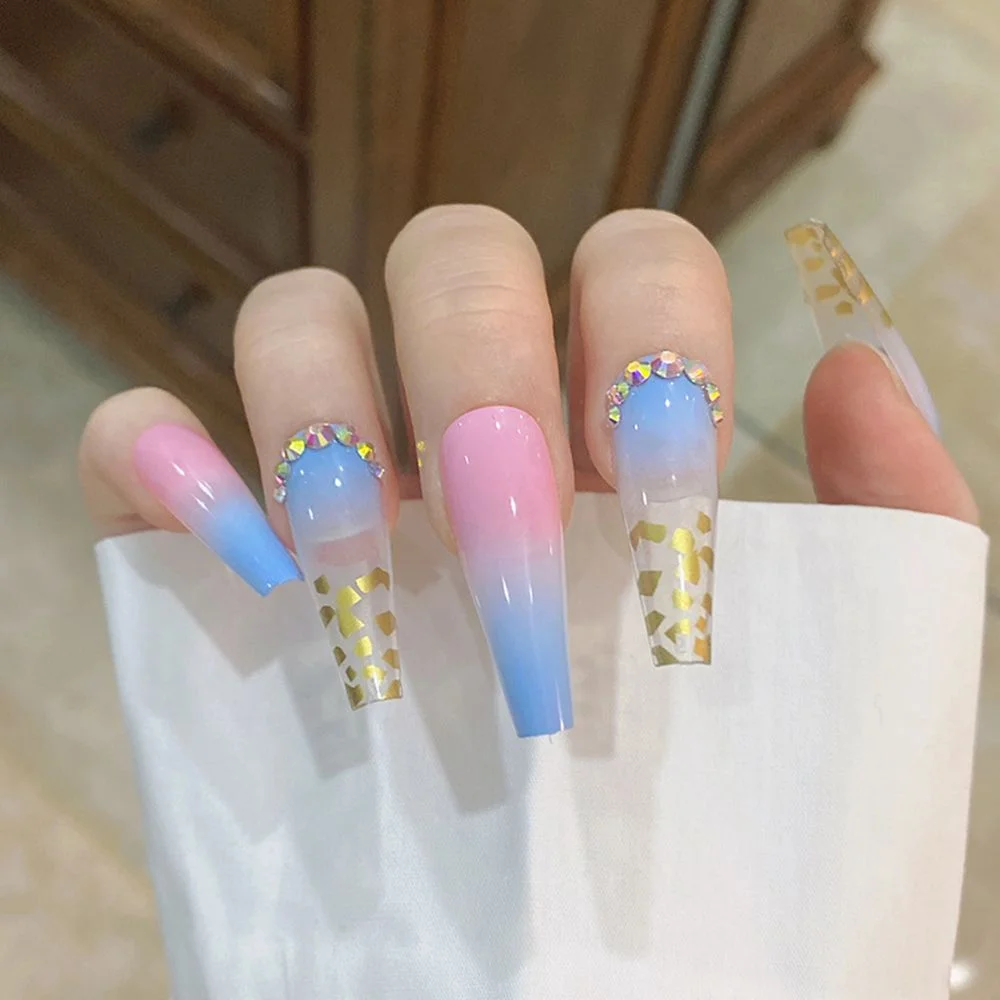 24pcs/Box Rhinestone Coffin False Nails Wearable Detachable Ballerina Fake Nails Full Cover Press On Nail Tips With Design