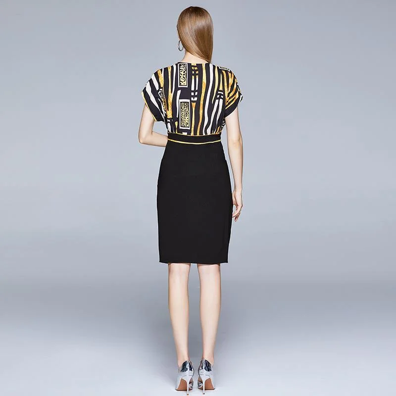 Fashion V-neck Printed Short Sleeve Slim Slit Retro Printed Dress