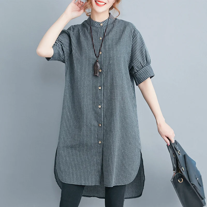 Uveng Uveng Summer New Cotton Lint Style Loose Large-Size Striped Shirt Women Long-Term Collar Shirt