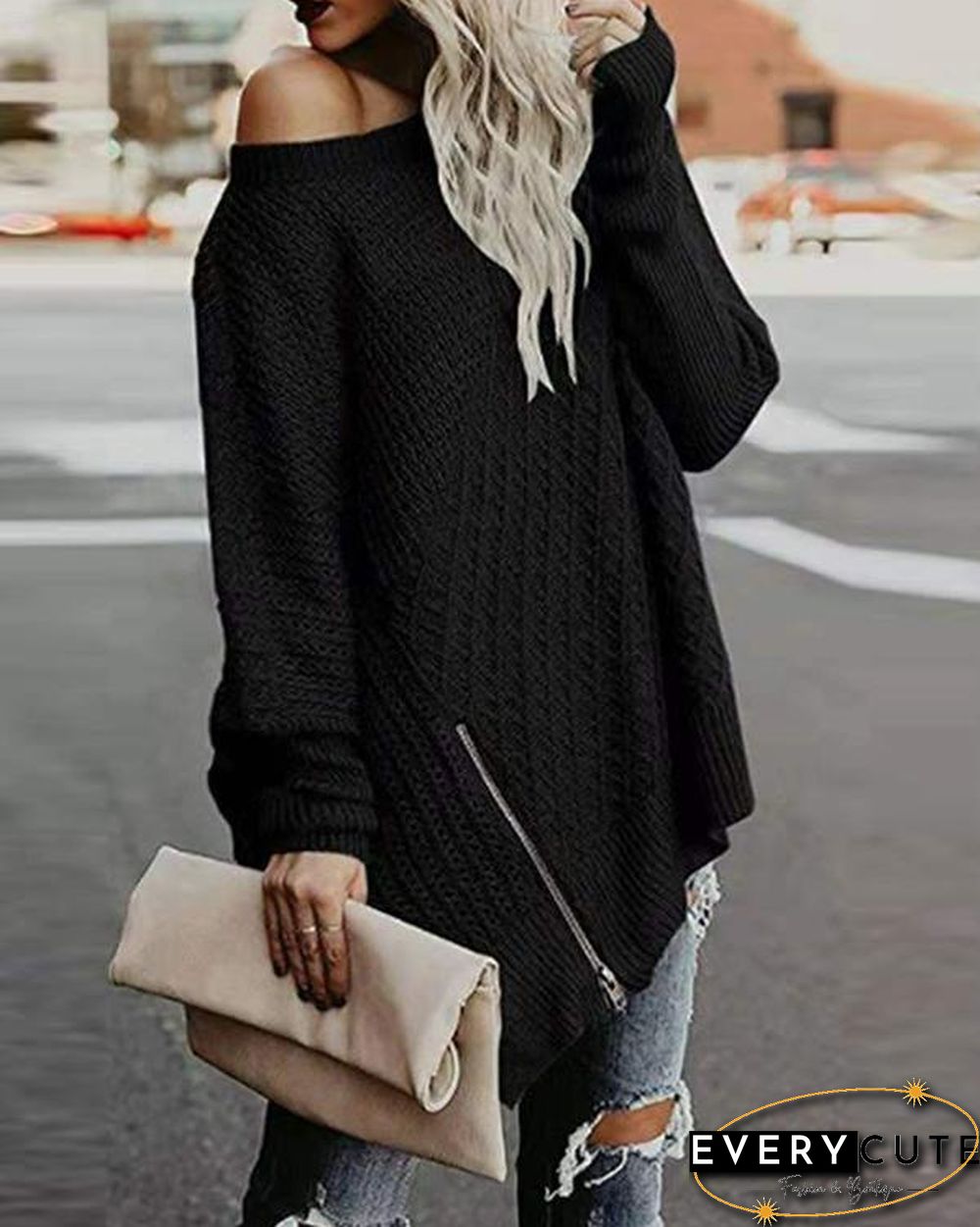 Solid Zipper Side Slit Batwing Sleeve Knit Sweater