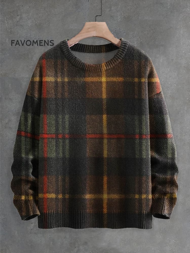 Vintage Plaid Art Print Knit Pullover Sweater Multicolor / S