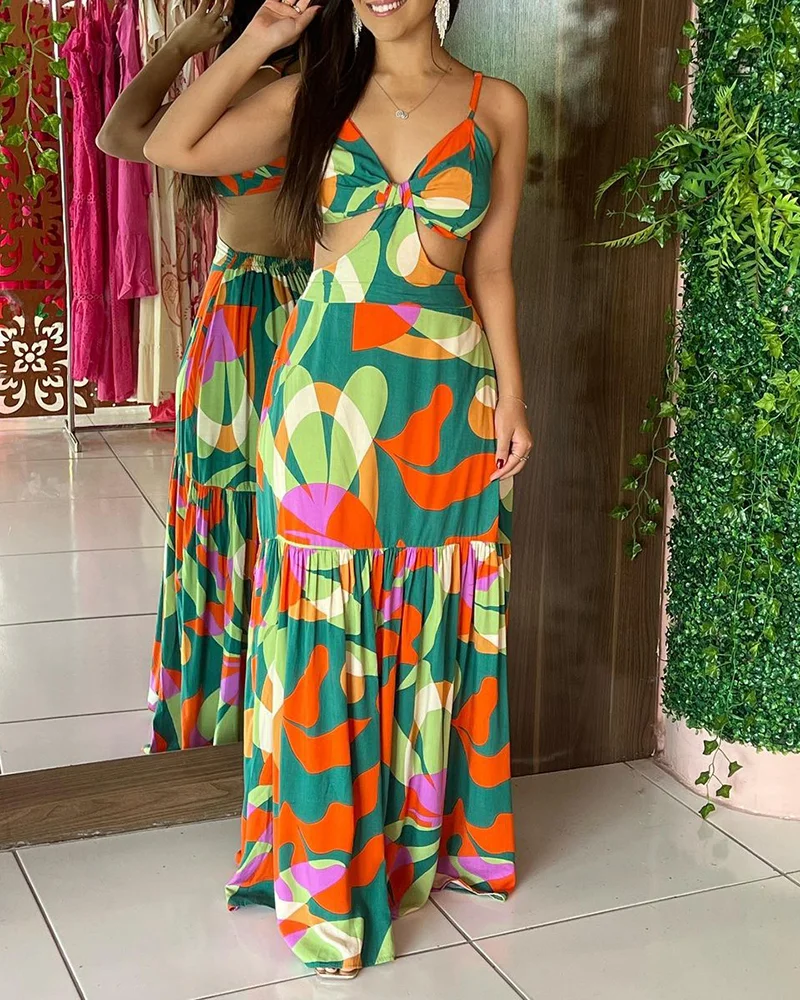 Waist Hollow Print Camisole Dress