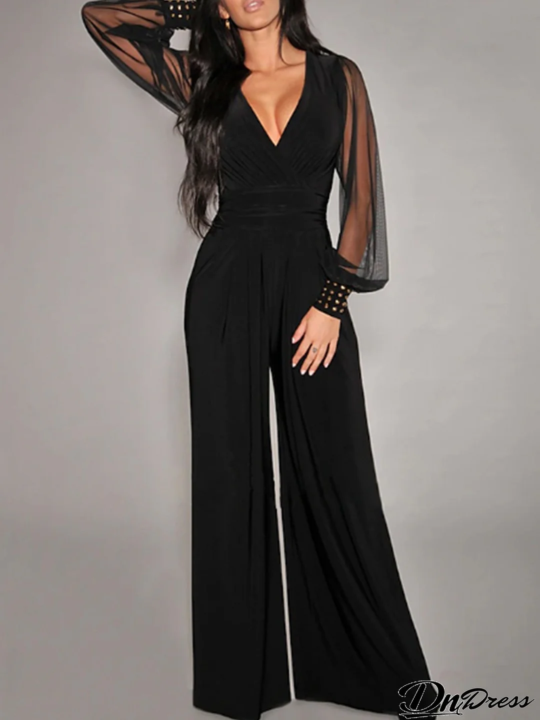 Fashionable Women's V-Neck Mesh Patchwork Rivet Long Sleeve Loose Jumpsuit