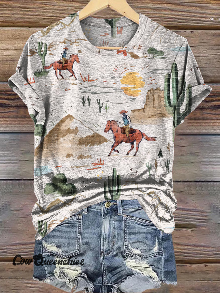 Wild Desert Denim Print Casual T-Shirt Beige / S