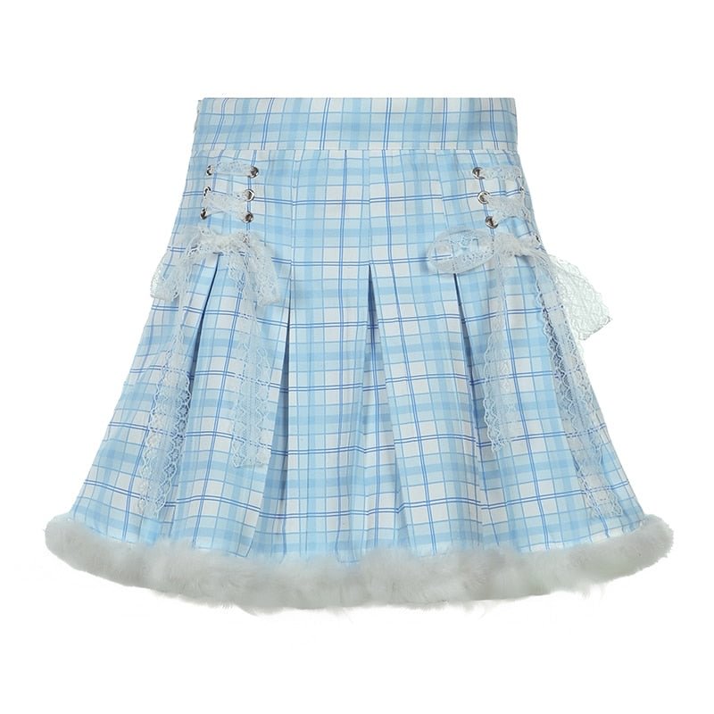 IAMHOTTY Y2K Plaid Print Pleated Skirt High-waisted Lace Up Feather Patchwork Kawaii A Line Short Skirts Pink Lolita Japanese