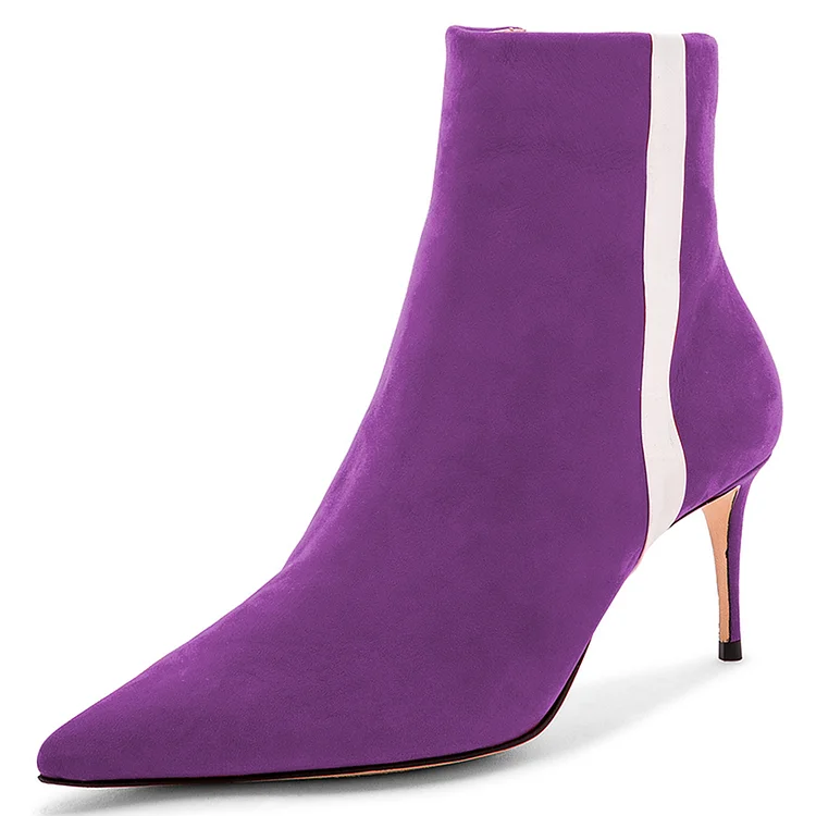 Purple Vegan Suede Pointy Toe White Stripe Stiletto Heel Ankle Boots |FSJ Shoes