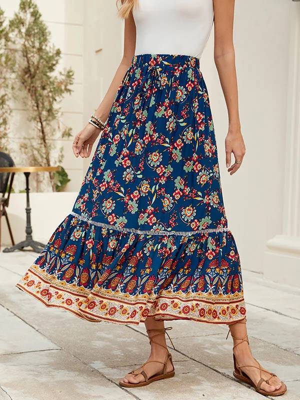 Elasticity Flower Print Pleated Split-Joint Loose Skirts Bottoms