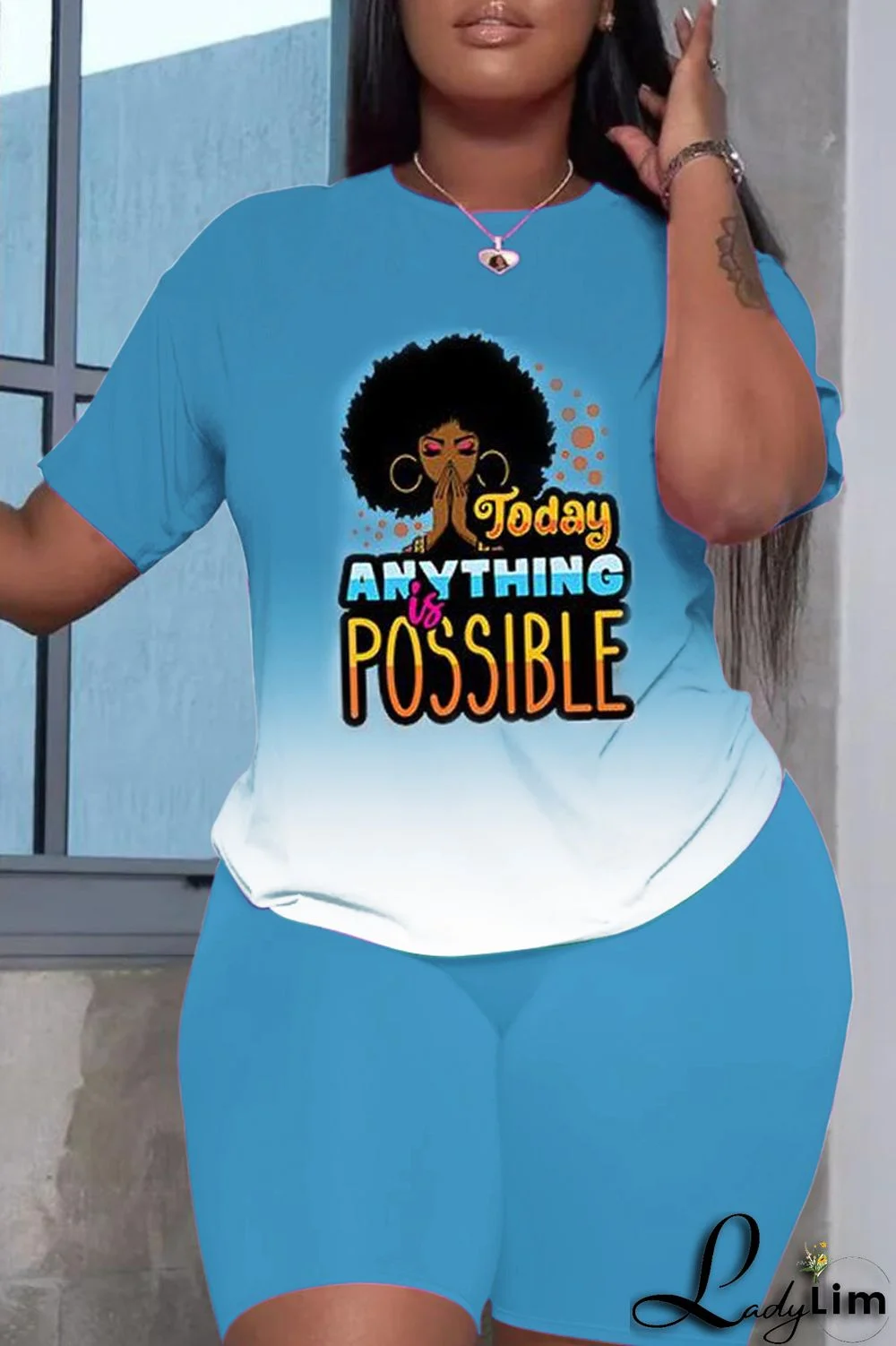 Green Fashion Casual Gradual Change Print Patchwork O Neck Plus Size Two Pieces