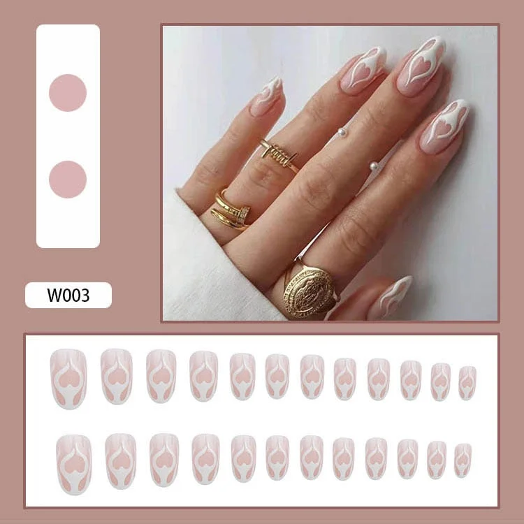 24 Pcs French Ballet White Line False Nails Fashion Geometric Coffin Press On Nails Flame Rose Pattern Nail Art Manicure Tools-Nail Inspo