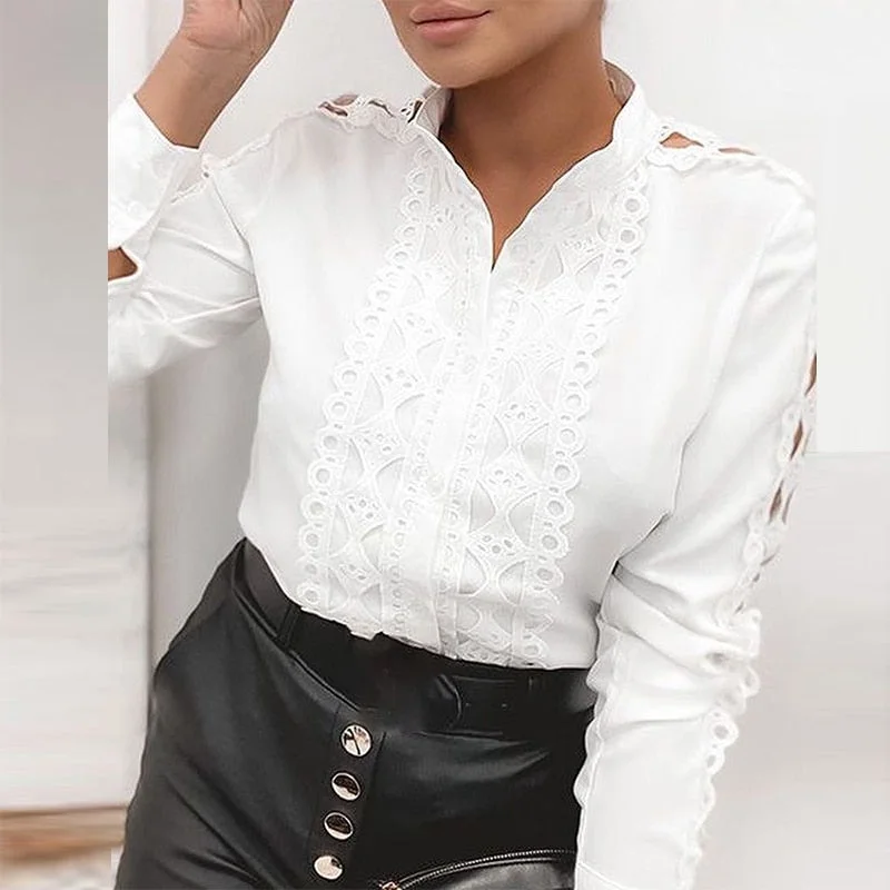 Women Elegant Lace Patchwork Hollow Out Long Sleeve Blouses Shirts Fashion O-Neck Bow Solid Tops Ladies Casual Streetwear Blusa