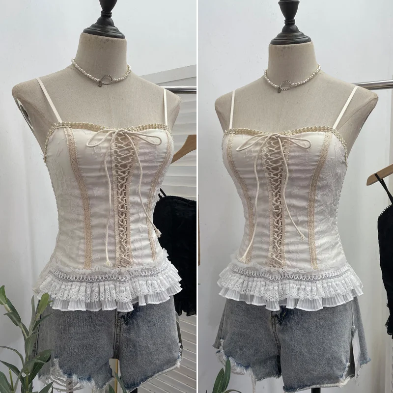 Nigikala Nigikala Self-Breasted Tector-Boo-Tie Baroque Lace Strapped Sling Vest Short Corset 8832