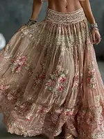 Women's Vintage Romantic Floral Roses Art Linen Blend Casual Skirt