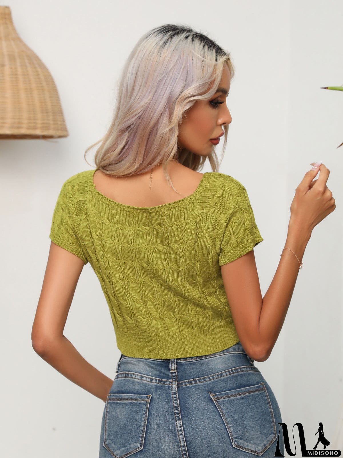 MidiSono - Cable-Knit Round Neck Short Sleeve Knit Top