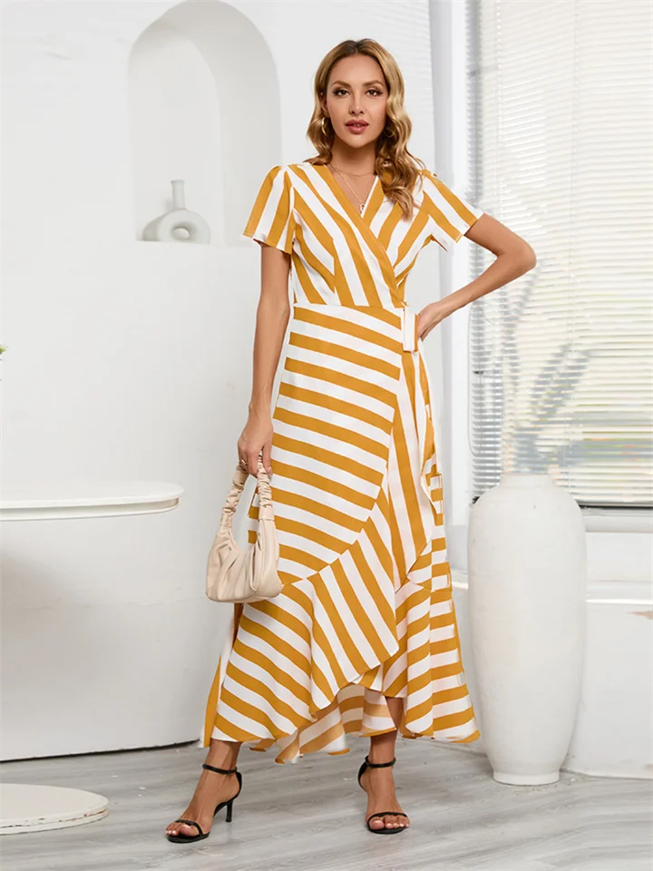 Fashion Slim Temperament Striped Big Swing Dresses Summer Women's Large Irregular Dresses Sub Yellow Green Red Navy Blue