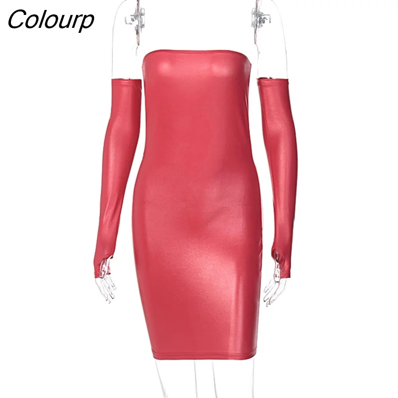 Colourp Pu Leather Women Tube Mini Dress Sleeveless Long Gloves Bodycon Sexy Streetwear Party Club 2023 Autumn Winter Slim Solid