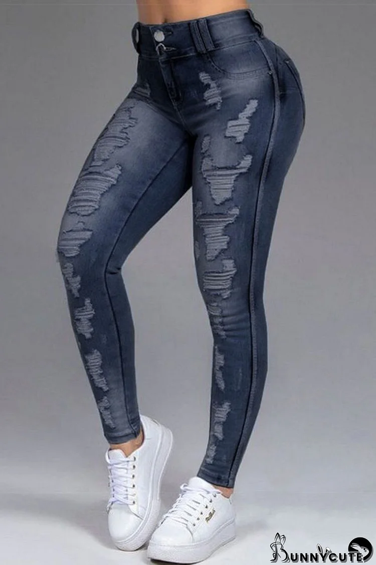 Dark Blue Casual Street Solid Ripped Split Joint High Waist Denim Jeans