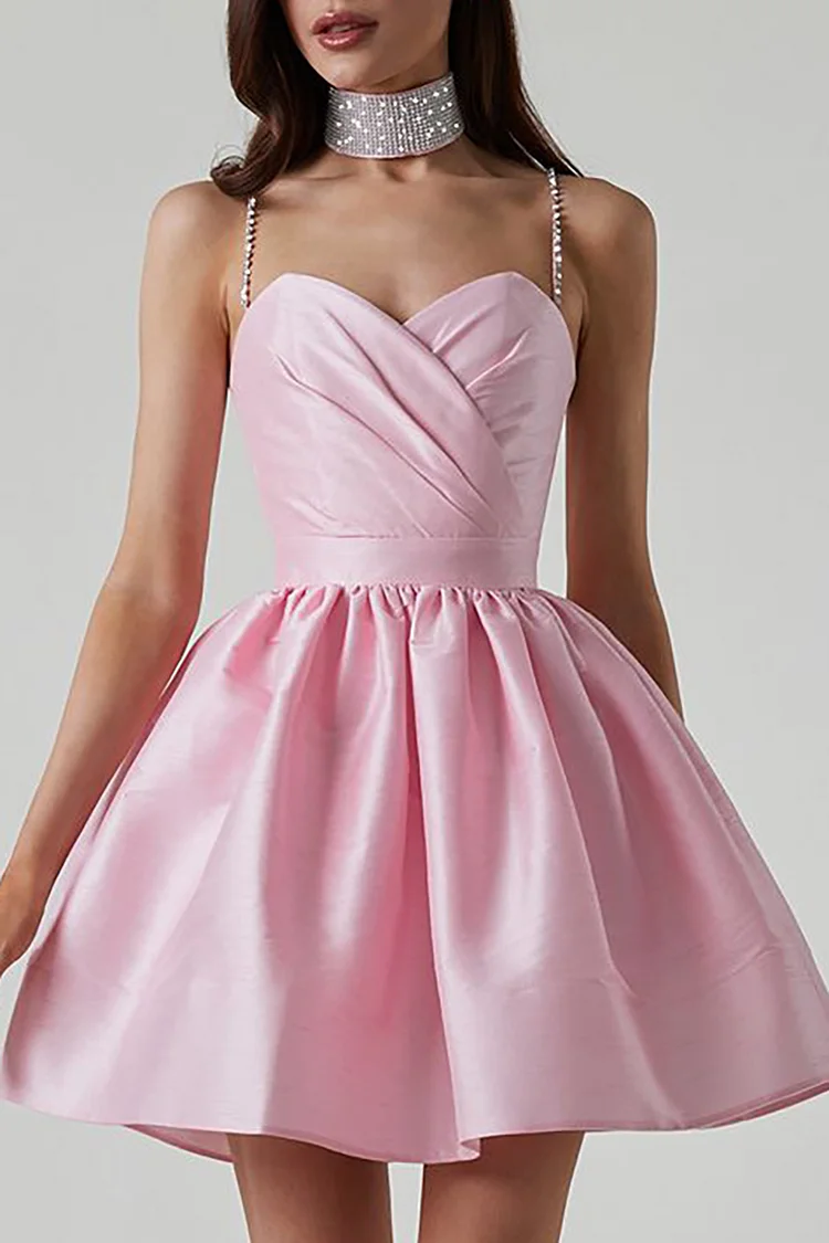Rhinestone Cami Irregular Neck Wrapped Pleated Wedding Party Mini Dress