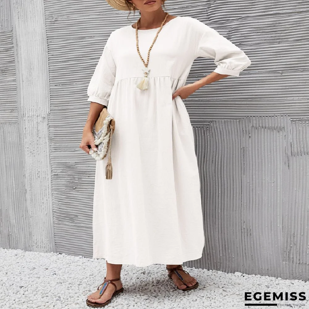 Fashion Lantern Sleeve Loose Cotton And Linen Pocket Dress | EGEMISS