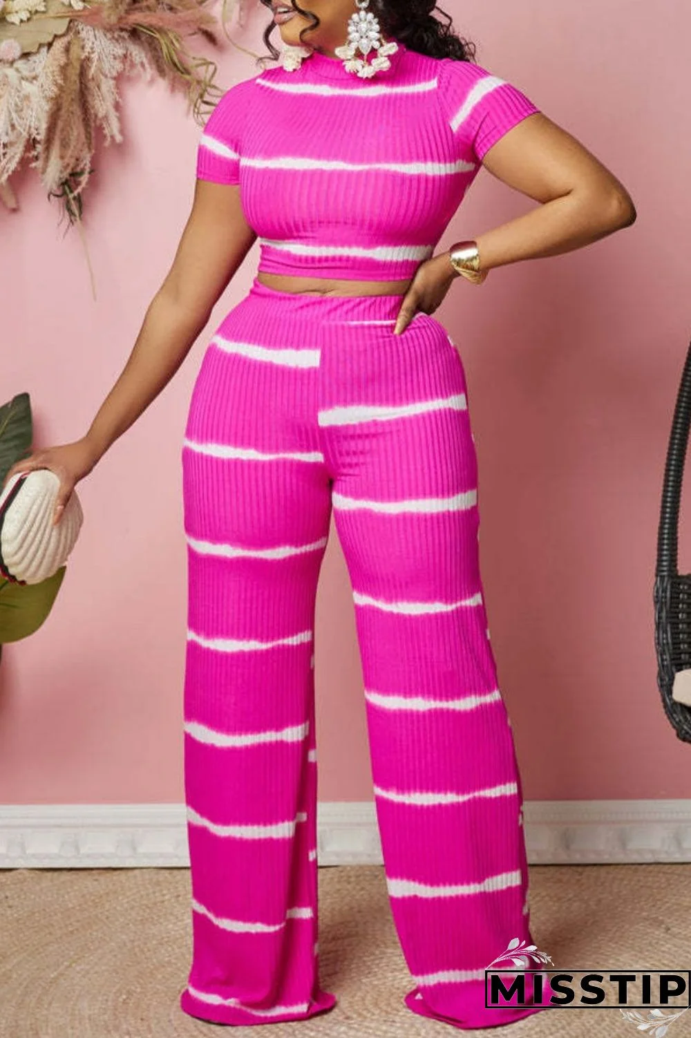 Black Casual Striped Print Basic O Neck Short Sleeve Two Pieces