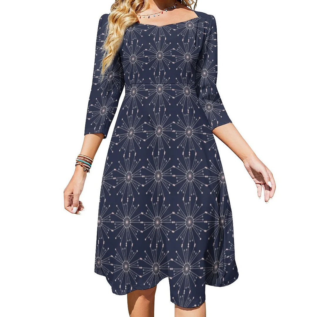Blue With Abstract Floral Pattern Dress Sweetheart Tie Back Flared 3/4 Sleeve Midi Dresses