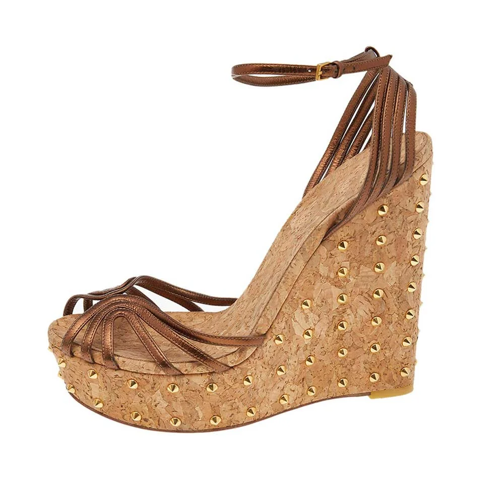 Brown Open Round Toe Strappy Platform Wedge Sandals with Studs