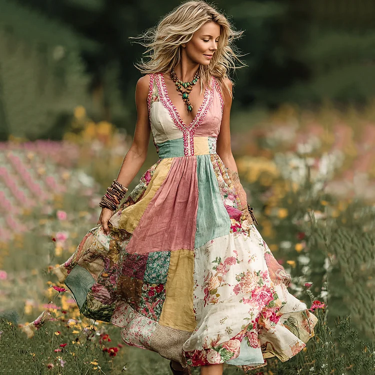 Women Vintage  Floral  Art V Neck Linen Maxi Dress