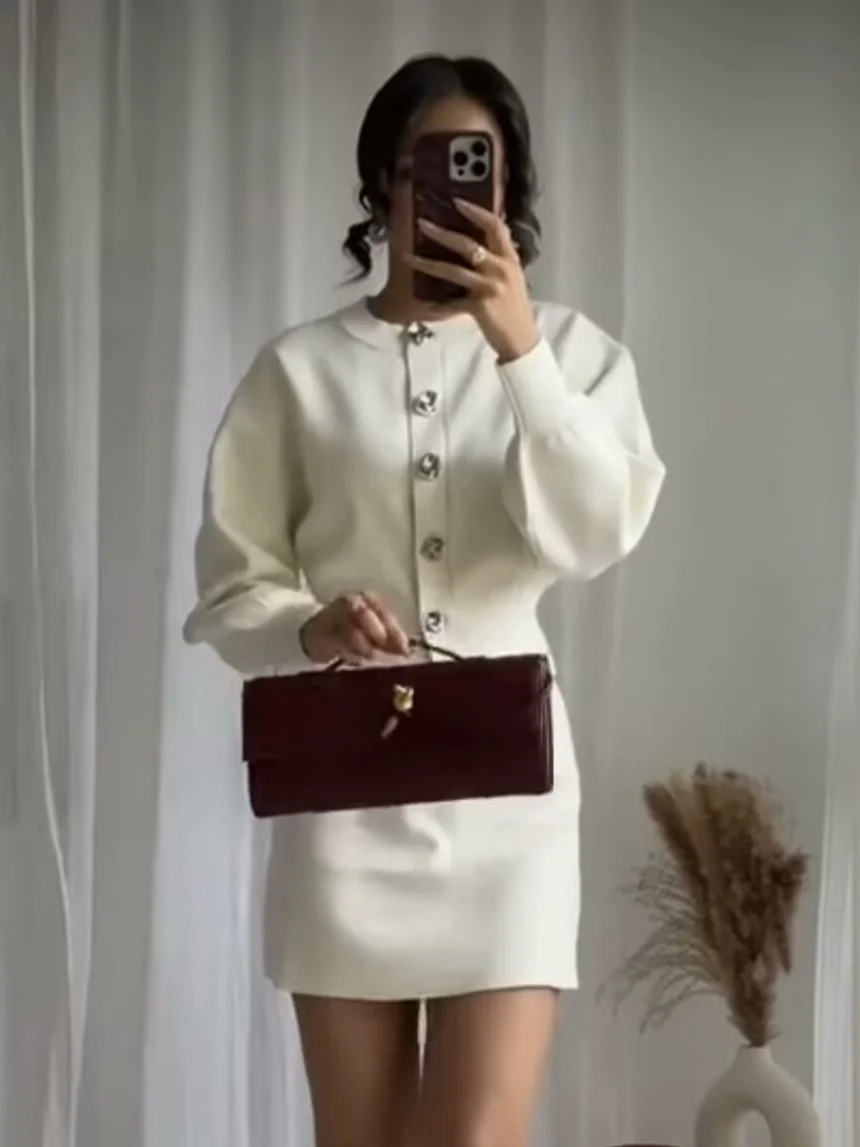 Nigikala Nigikala Button-Up Knitwear Jacket + High-Waisted Mini Skirt Suit Female B88814