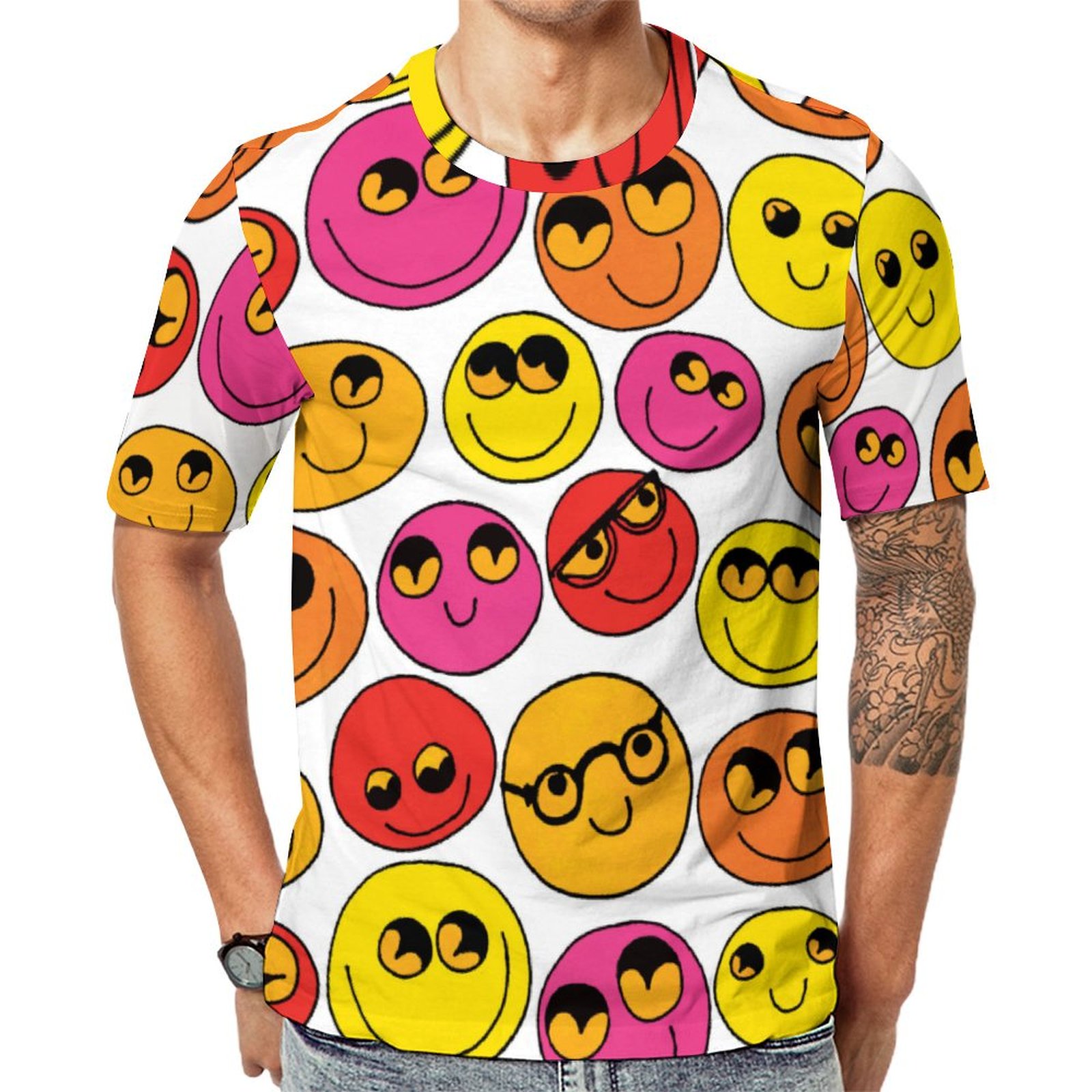 Funny Emoji Faces Pink Yellow Cute Short Sleeve Print Unisex Tshirt Summer Casual Tees for Men and Women Coolcoshirts
