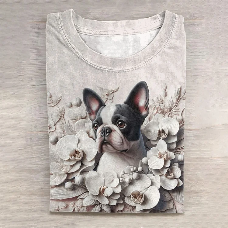 Dog Art Print Crew Neck Short Sleeve Casual T-Shirt