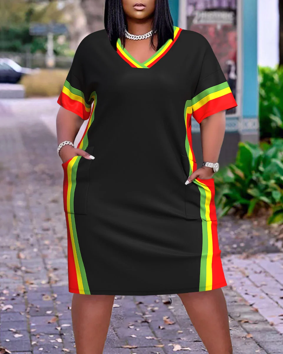 V Neck Black Patchwork Short Sleeve With Pockets Midi Dresses