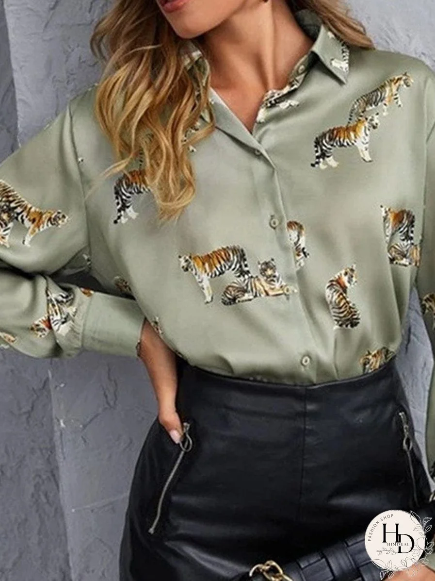 Tempting Printed Lapel Single-Breasted Long-Sleeved Blouse