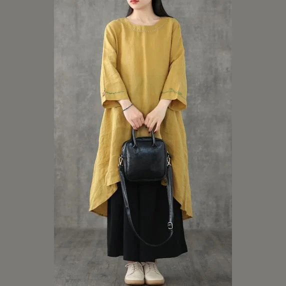 Elegant o neck patchwork linen dress Shape yellow Dresses summer