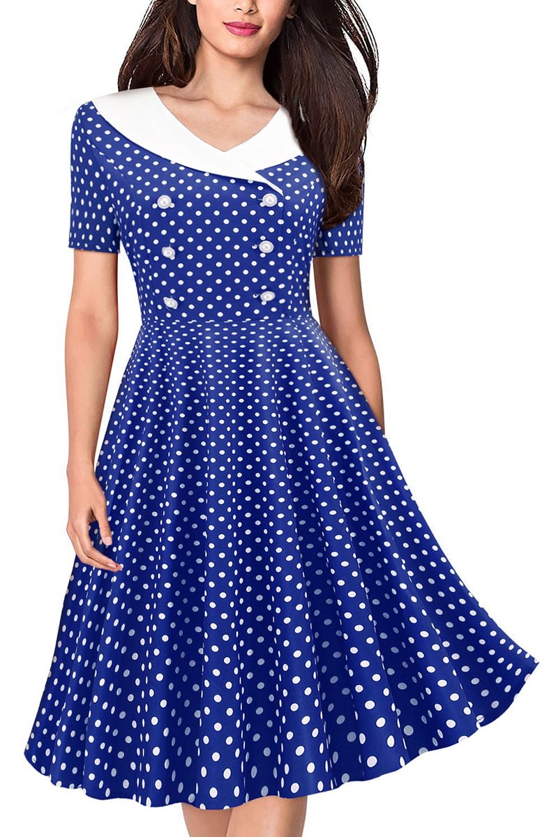 1950s Navy Blue Party Polka Dot Buttons Swing Bell Midi Dress