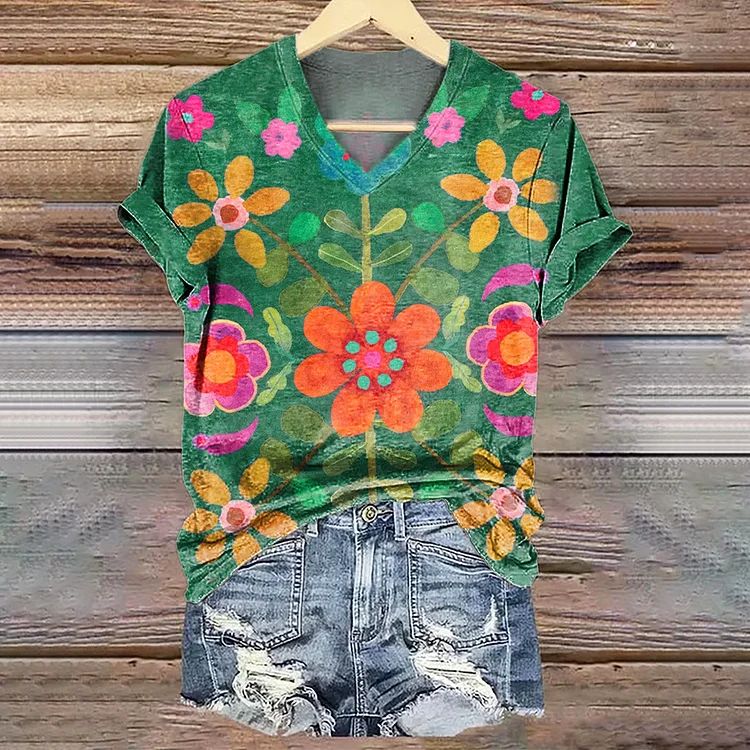 Women's Bohemian Floral Art Print V-neck Casual Shirt