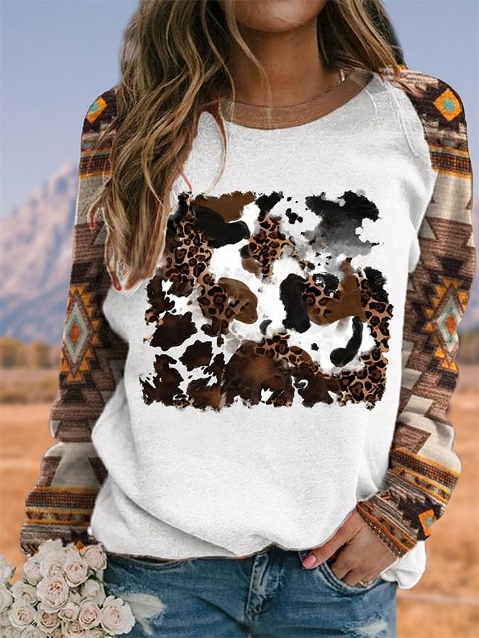 Cowhide Leopard Print Rodeo Long Sleeve Swearshirt