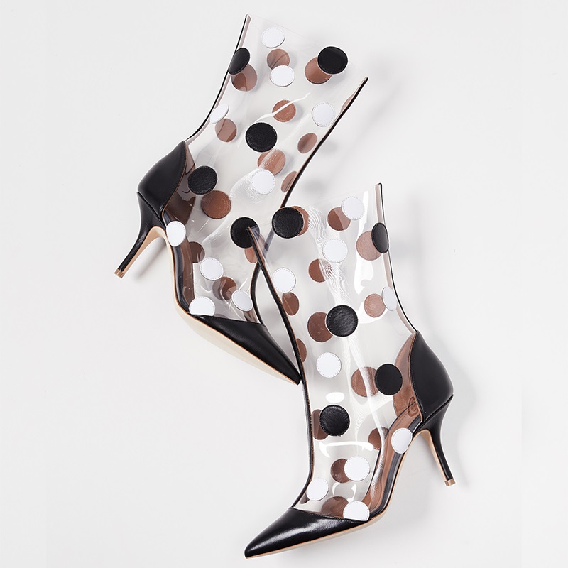Black Pointed Toe Transparent PVC Polka Dot Design Heeled Booties