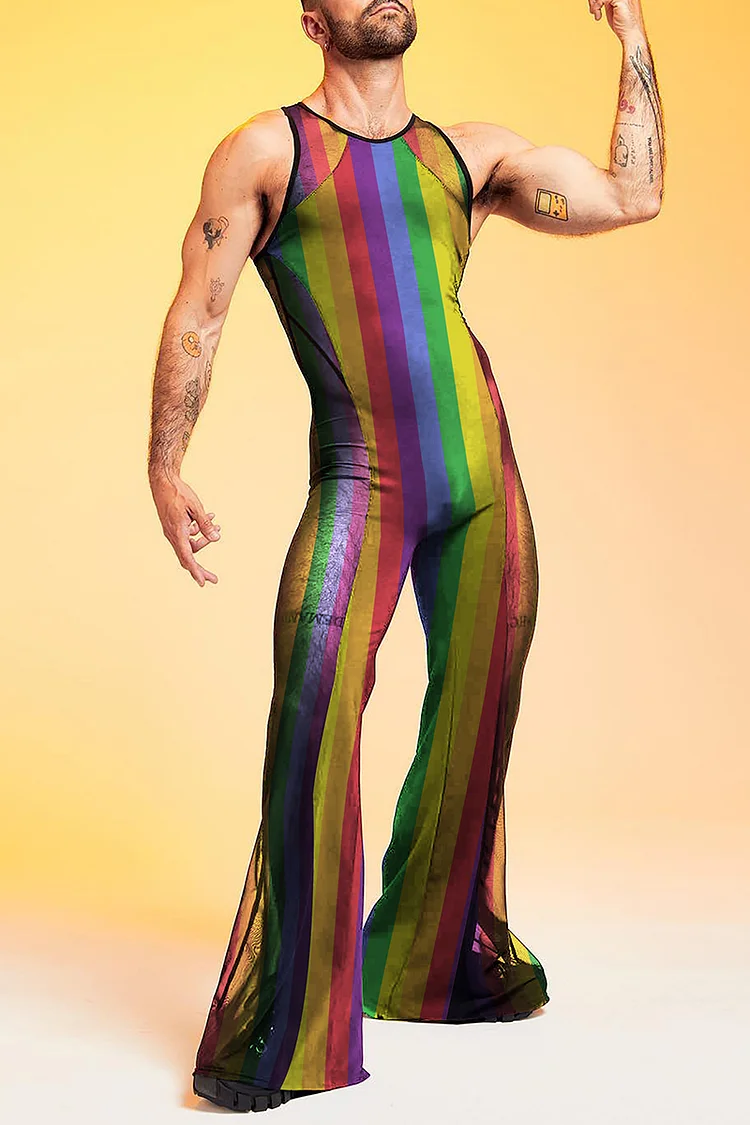 Ciciful Rainbow Striped See-Through Mesh Flare Leg Jumpsuit