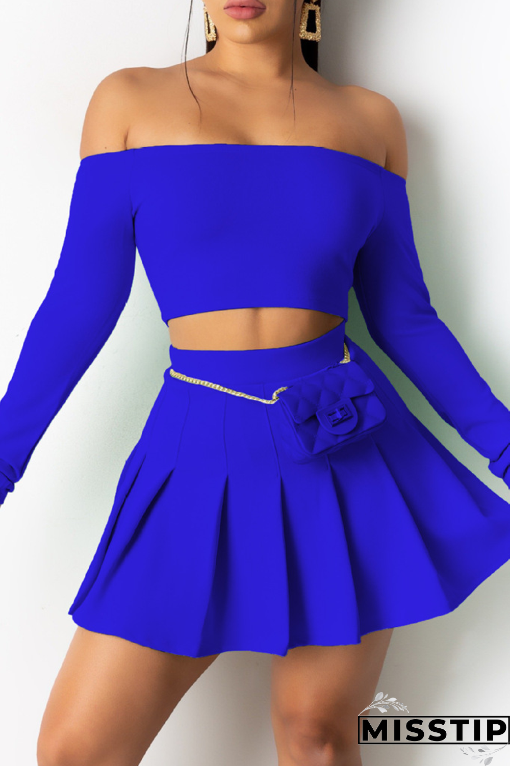 Cyan Sexy Solid Patchwork Off the Shoulder Long Sleeve Two Pieces