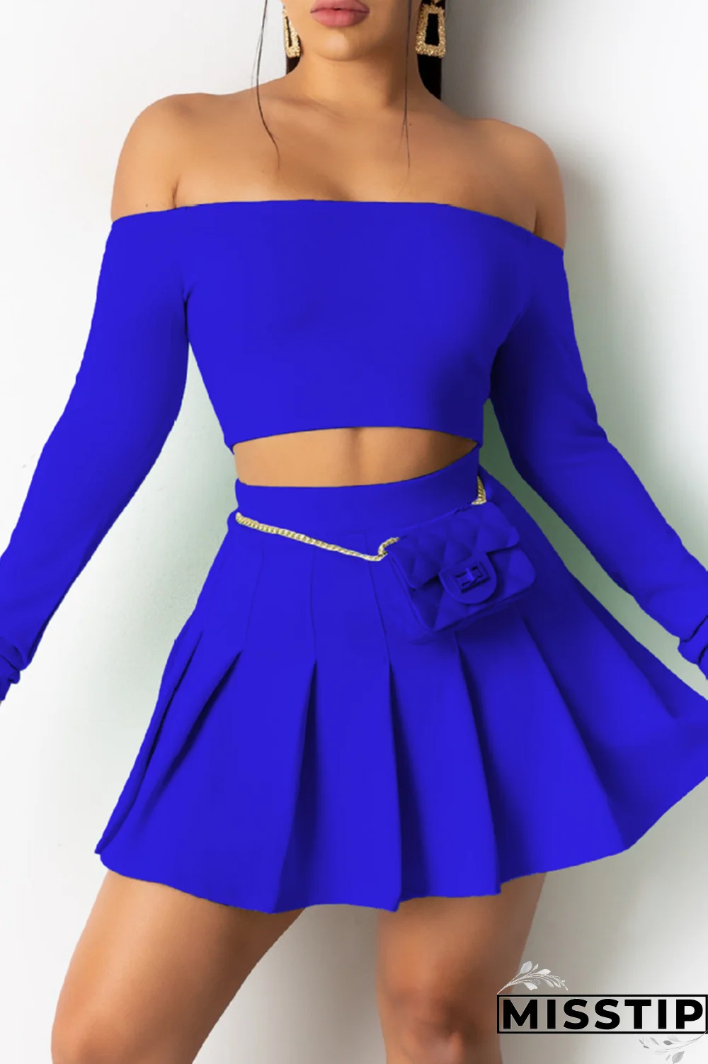 Cyan Sexy Solid Patchwork Off the Shoulder Long Sleeve Two Pieces