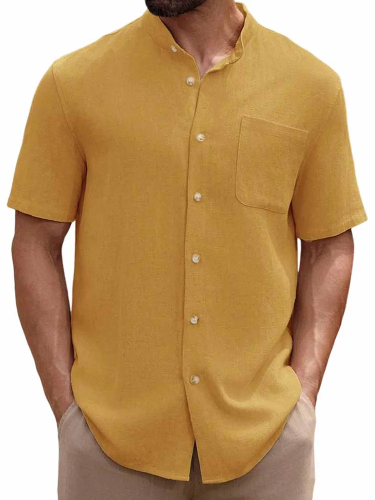 Men's Hawaiian U-Pocket Stand Collar Short Sleeve Shirt