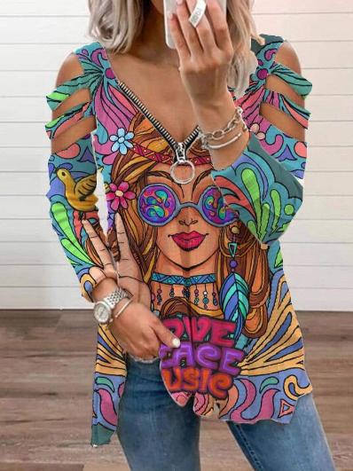 Women's V-neck Long Sleeve Printed Tops